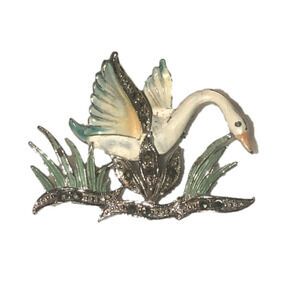 VTG Alice Caviness Marcasite Painted Swan Cygnet Brooch Silver Tone Metal 1.5”